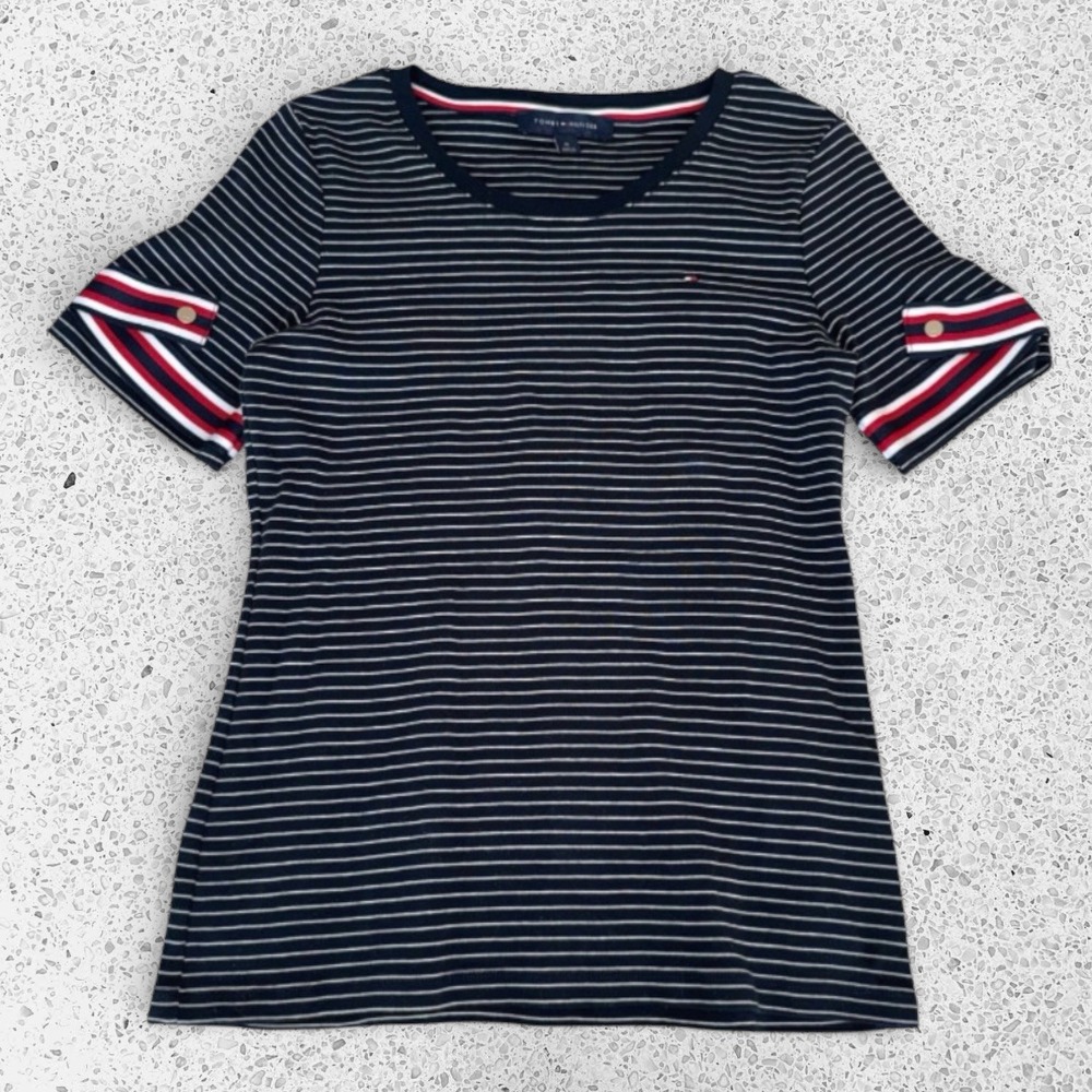 Tommy Hilfiger‎ Womens Medium Navy Blue Striped Short Sleeve Nautical T-Shirt